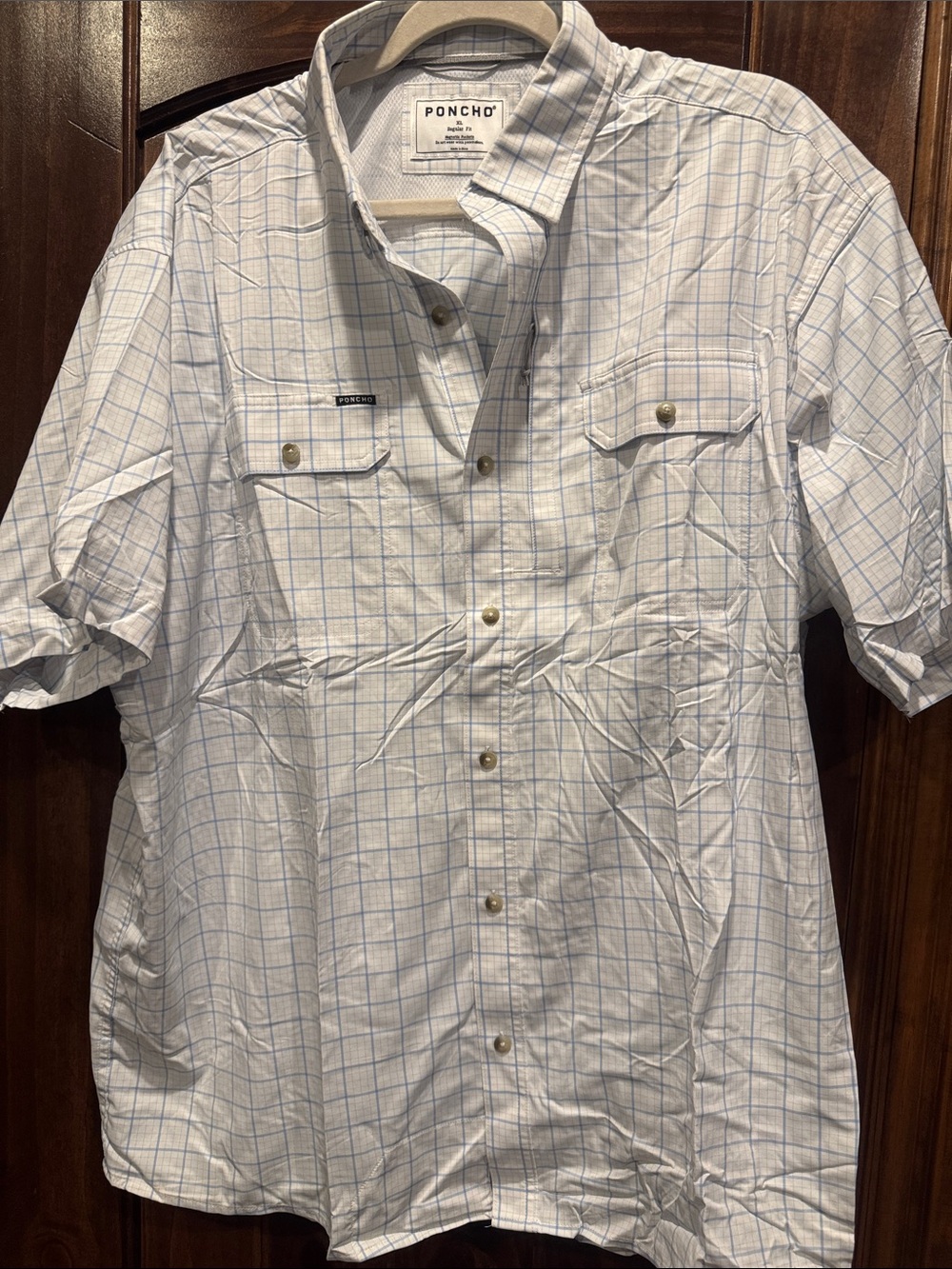 Poncho Men’s Short Sleeve Windowpane Button-Down Shirt - White/Light Blue